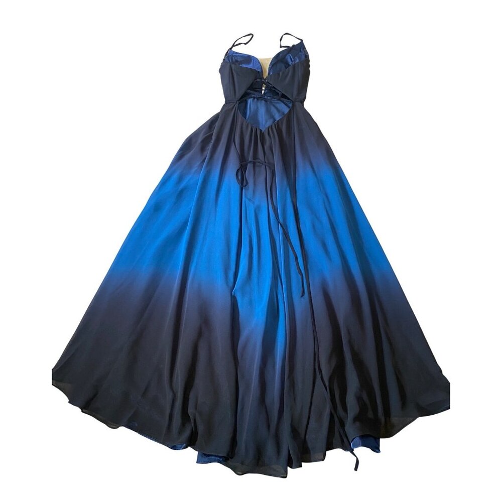 Betsy & Adam Formal Maxi Dress Ombre Blue & Black Chiffon Lace up Open Back Sz 6 - Picture 2 of 15